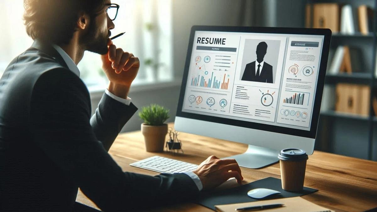 Person at desk with computer displaying a resume, coffee cup on table.
