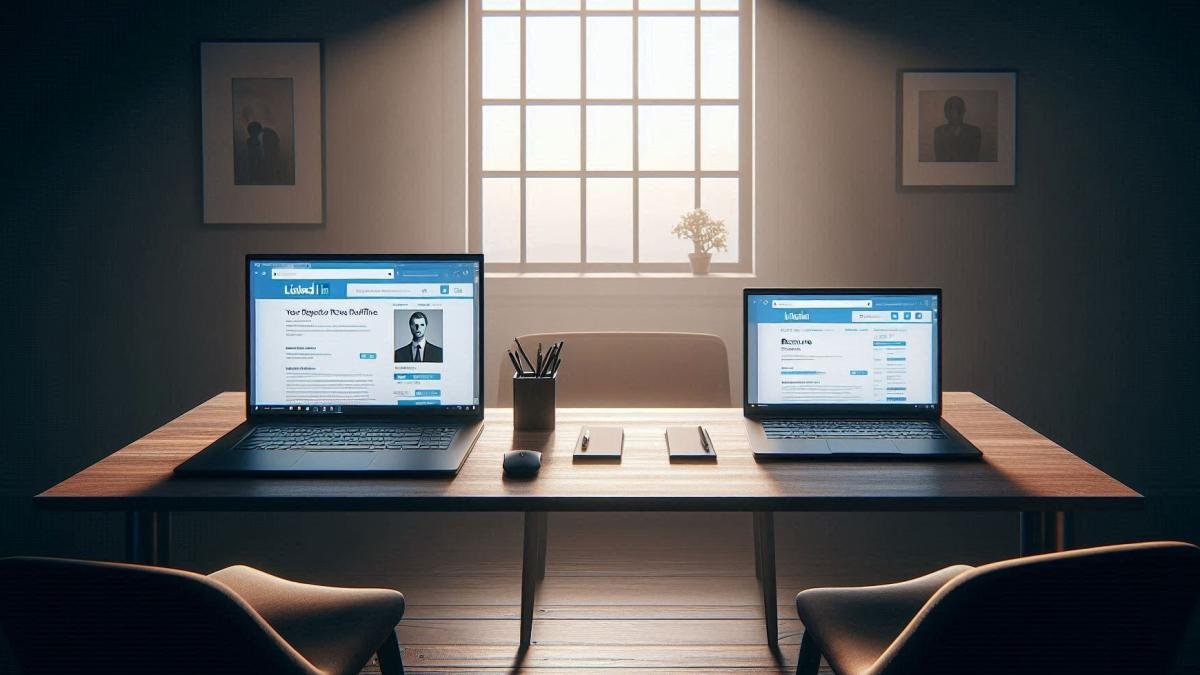 Two laptops on a desk displaying professional networking website profiles in a dimly lit room.