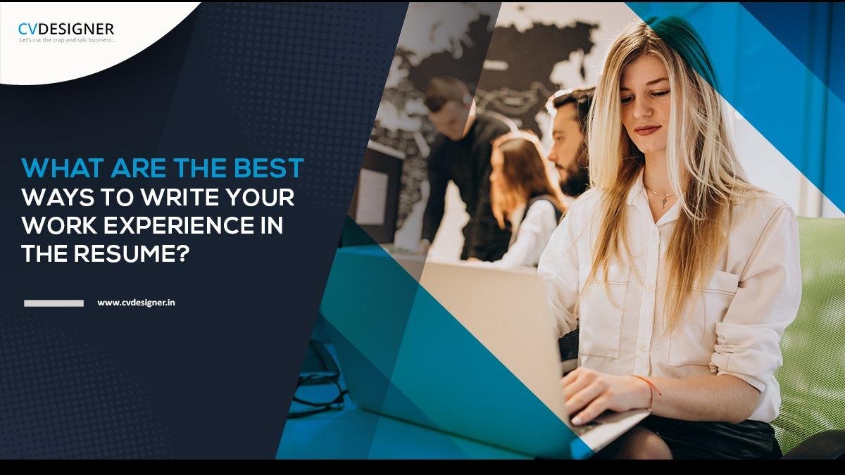 Promotional graphic about writing work experience in resumes, with a person using a laptop.
